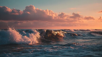 Dramatic ocean wave cresting under a vibrant sunset. Clouds glow with the orange and pink sky
