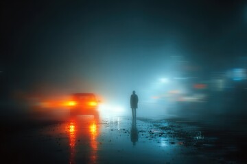 Man standing beside a self-driving car showing holographic interface glitch, representing AI navigation failure in a modern city environment.