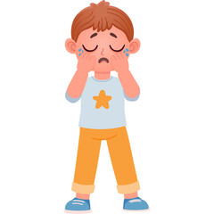 Young Boy Crying With Eyes Closed And Tears Falling Down His Cheeks Wearing A White TShirt With Orange Star And Orange Pants On Transparent Background