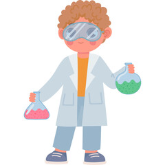 Young Boy Scientist Holding Colorful Chemical Flasks Wearing Safety Goggles And Lab Coat Against White Background Ready For Experimentation
