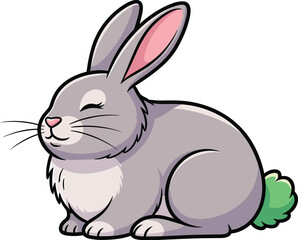 Obraz premium Charming Gray Rabbit Sitting Calmly with Green Tail on White Background Illustration for Easter Springtime Designs, Children's Books, Greeting Cards, and Whimsical Graphic Elements with Cute Cartoon S