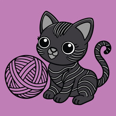 Cute black cartoon kitten playing with pink yarn ball