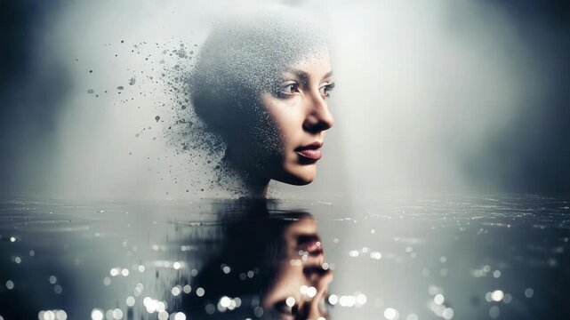Conceptual Portrait of a Woman Dissolving into Water with Reflection