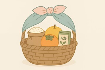 Delightful autumn harvest basket with rice, persimmon, pear, and green tea for healthy holidays