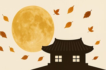 Harvest moon shines over Korean traditional house with falling autumn leaves for Chuseok festival