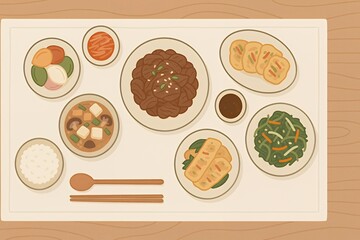 Vibrant Korean cuisine feast arranged on a wooden table for delicious and authentic dining experience