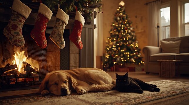 Golden Retriever and Cat by Fireplace and Tree – Peaceful Holiday Companions