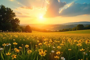 Golden Sunlight Bathes Sun-Drenched Landscape, Warm Optimistic Scene, Perfect for Travel and Summer Projects