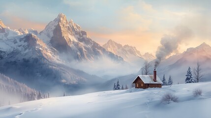 Fototapeta premium Wooden Cabin in Snow-Covered Valley – Serene Alpine Winter Scene