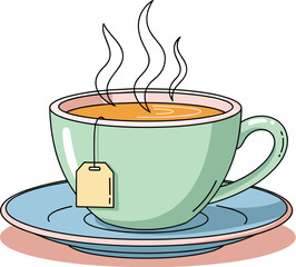 Steaming Cup of Tea with Tag on Saucer Illustration: A Relaxing Herbal Drink in a Modern Minimalist Style, Perfect for Wellness, Healthcare, and Lifestyle Marketing, with Warm Light and Simple Design
