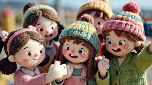Group of dolls posing for a selfie wearing colorful knit hats