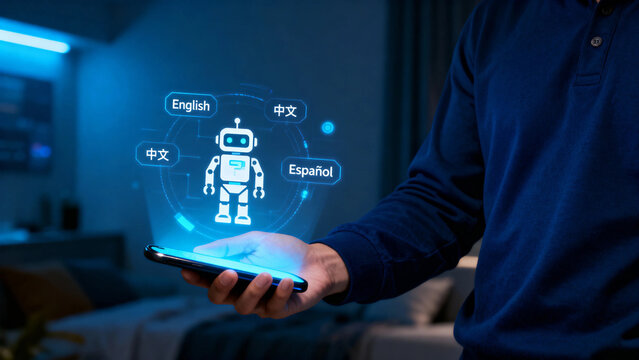 Person holding smartphone with holographic robot displaying language options in English, Chinese, and Spanish
