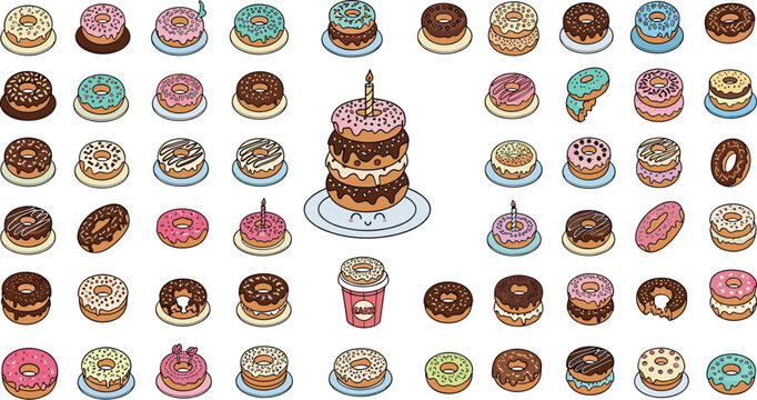 Delicious Donuts Assortment Displayed in Array for Bakery Menu, Pastry Shop Advertisement, or Confectionery Presentation Featuring Chocolate, Sprinkles, and Glaze in Colorful, Whimsical Style for Dess