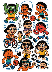 Children playing sports, jumping rope, running, cycling, and laughing, joyful cartoon style