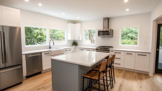 Modern Kitchen Interior with White Cabinets, Bright Windows, and Sleek Appliances Under Natural Light 4k video footage