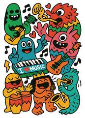 Colorful cartoon monsters playing guitar, keyboard, saxophone, and drums with joyful expressions
