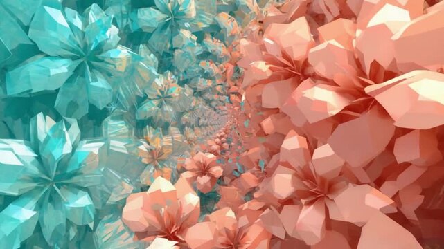 Abstract floral tunnel with blue and peach flowers in a repeating pattern perspective view floral patterns backgrounds video