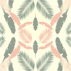 Symmetrical seamless pattern with tropical palm and banana leaves in soft pink and sage green on a light background.