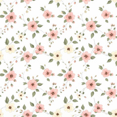 Floral pattern with pink and yellow flowers and green leaves on white background.