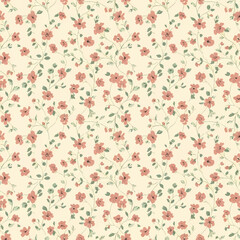 A seamless repeating pattern of delicate small pink flowers with green leaves and stems on a light cream background.