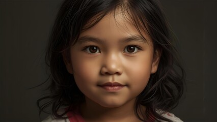 Portrait of a child without makeup and with messy dark hair, half body, front view.