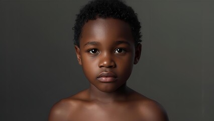 Portrait of a child without makeup and with messy dark hair, half body, front view.