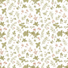 A seamless repeating pattern of culinary herbs like basil and rosemary in soft green and pink tones on a white background.