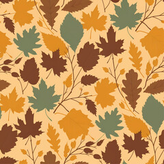 A seamless pattern featuring a variety of autumn leaves in warm, earthy tones of brown, orange, and green.