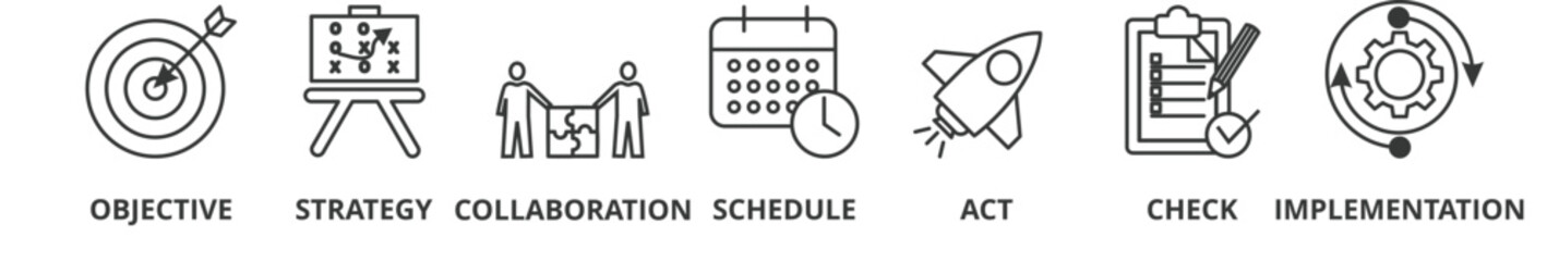 Action plan banner vector illustration concept with icon of objective, strategy, collaboration, schedule, act, check, and implementation