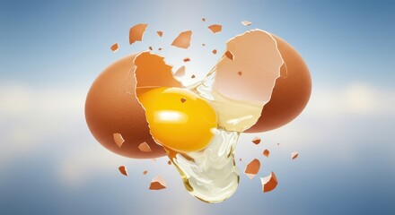 Brown egg explodes in mid air, yolk and albumen splash.