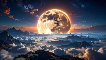Huge moon over a mountain range, clouds