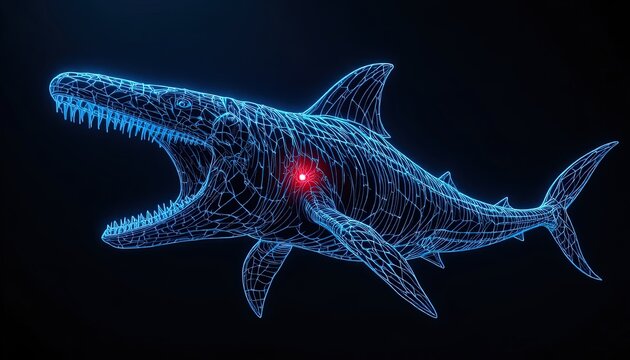 Futuristic glowing Mosasaurus skeleton with open mouth, a compelling blend of prehistoric power and modern tech, perfect for creative projects
