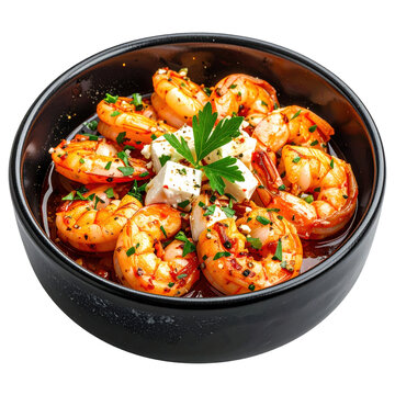 Delicious Garides saganaki with feta cheese and parsley in a black bowl isolated white background
