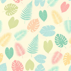 Obraz premium A colorful, seamless pattern featuring various tropical leaves in pastel shades on a light background.