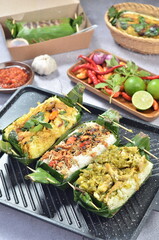 Grilled rice with its variations, wrapped in banana leaves, a traditional Indonesian food