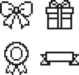 Isolated Ribbon Black Pixel Vector Icon Set, Pexels style bow ribbon gift award decoration icon, ribbon black pixel vector minimal retro 8 bit design perfect for celebration, reward and achievement