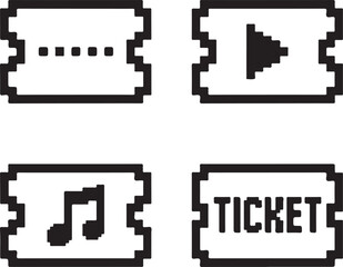 Isolated Ticket Black Pixel Vector Icon Set, Pexels style event ticket movie concert admission icon, ticket black pixel vector minimal retro 8 bit design perfect for entertainment and event promotion