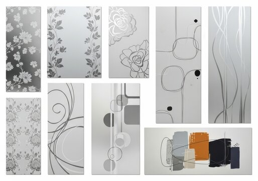 Collection of decorative frosted glass panels isolated on white background