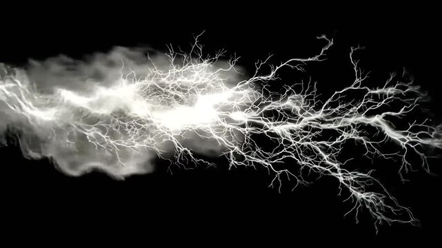 Powerful white lightning bolt crackles through dark smoke and branches against a stark black background