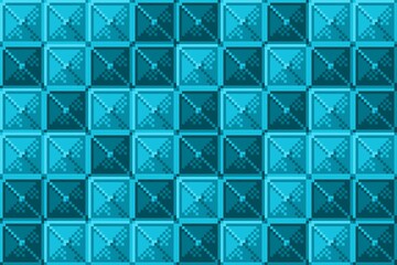 Vibrant blue pixel art pattern featuring a checkerboard of raised pyramids. Seamless geometric texture perfect for retro game graphics, tech backgrounds, assets for game, background, wallpaper