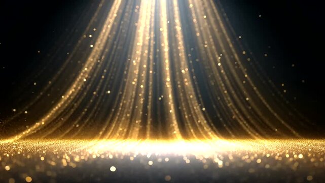 Radiant golden light rays stream from the top, illuminating a sparkling surface with numerous glowing particles