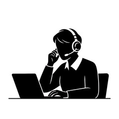 Silhouette illustration of an employee using a headset to communicate with each other, plain white background