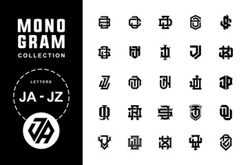 Monogram collection letter JA until JZ with interlock, recline, modern, vintage, classic style good for brand, clothing, apparel, streetwear, baseball, basketball, football and etc