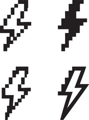 Isolated Lightning Black Pixel Vector Icon Set, Pexels style thunder bolt power energy flash icon, lightning black pixel vector retro 8 bit minimal design ideal for speed, electric and weather themes