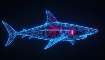 Dynamic neon shark wireframe design with glowing red accents swimming in the dark waters, perfect for a futuristic tech company or marine biology project