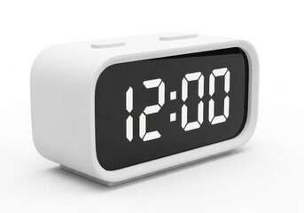 3d illustration of white digital alarm clock showing 12 oclock isolated on white background