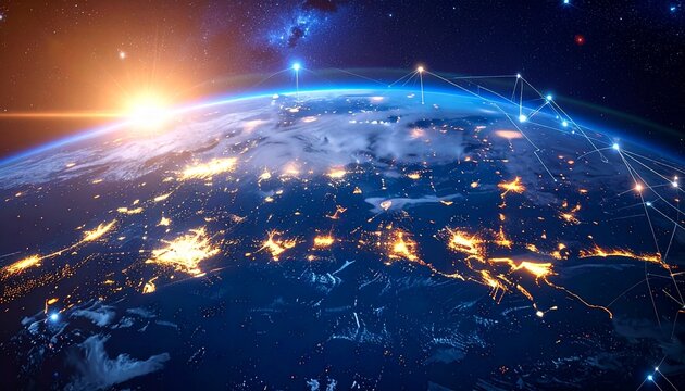 Communication technology for internet business. Global world network and telecommunication on earth cryptocurrency and blockchain and IoT.