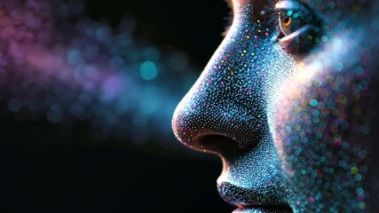 Side profile of a face, skin covered in glowing multicolored dots, exhaling vibrant particle trails