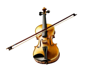 8k Gold Violin with Bow in Floating Composition, Minimal White Backdrop, Transparent PNG