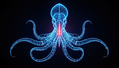 Stunning neon octopus radiating vibrant energy with intricate wireframe design against a dark background, perfect for modern tech and science visuals